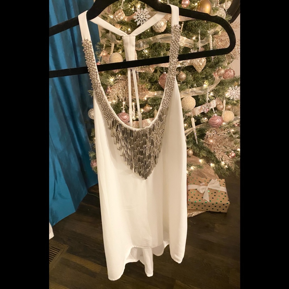 XOXO white racer back style chiffon white tank top with silver toned bead size L